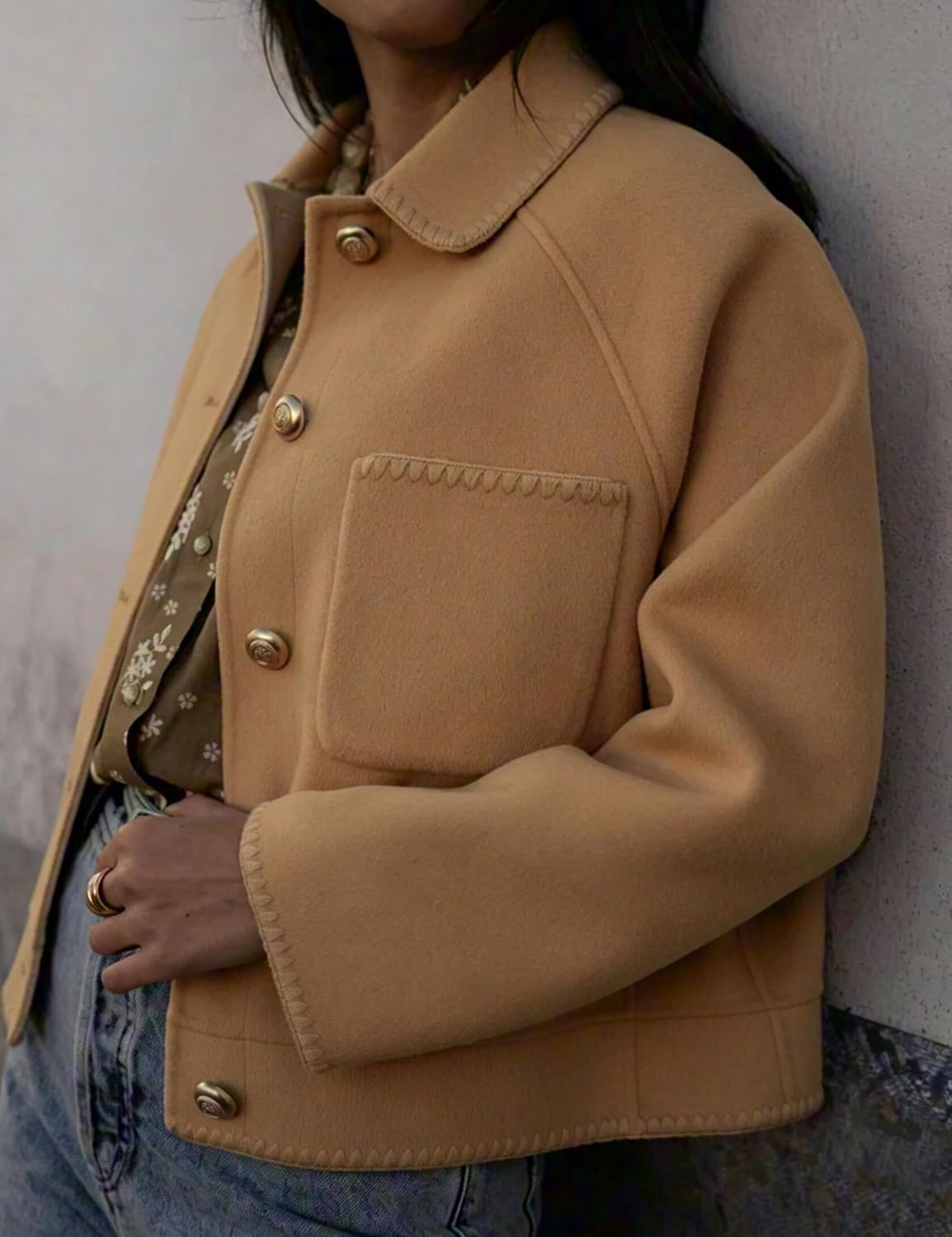 image:imageSpringrain Womens Cropped Wool Blend Lapel Button Pea Coat Jacket Warm Cropped Button up Coat for Fall Winter Delicate Stitch Trim and Lapel Collar Two Patch Pockets for ConvenienceKhaki