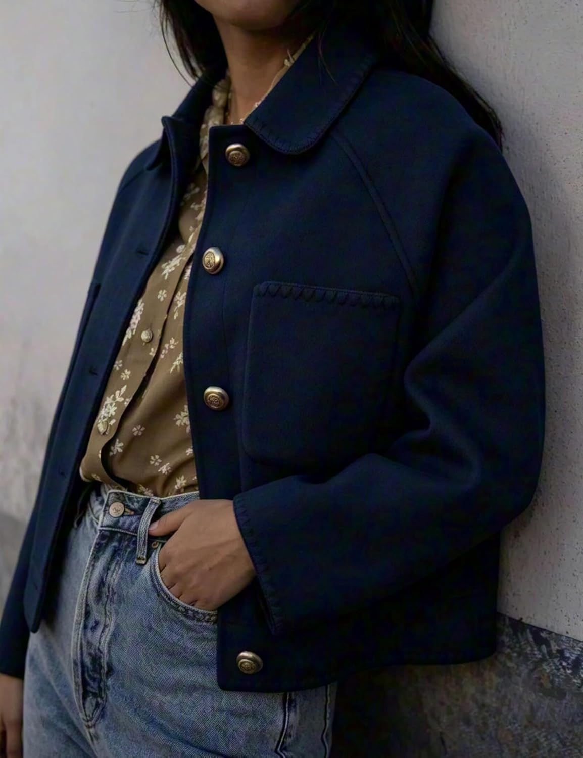 image:imageSpringrain Womens Cropped Wool Blend Lapel Button Pea Coat Jacket Warm Cropped Button up Coat for Fall Winter Delicate Stitch Trim and Lapel Collar Two Patch Pockets for ConvenienceNavy