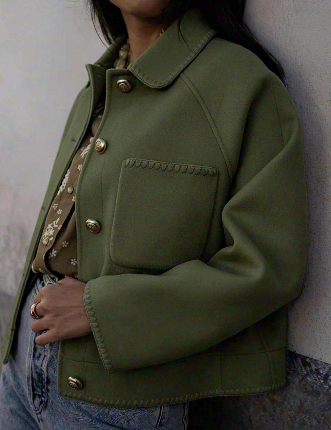 image:imageSpringrain Womens Cropped Wool Blend Lapel Button Pea Coat Jacket Warm Cropped Button up Coat for Fall Winter Delicate Stitch Trim and Lapel Collar Two Patch Pockets for ConvenienceArmygreen