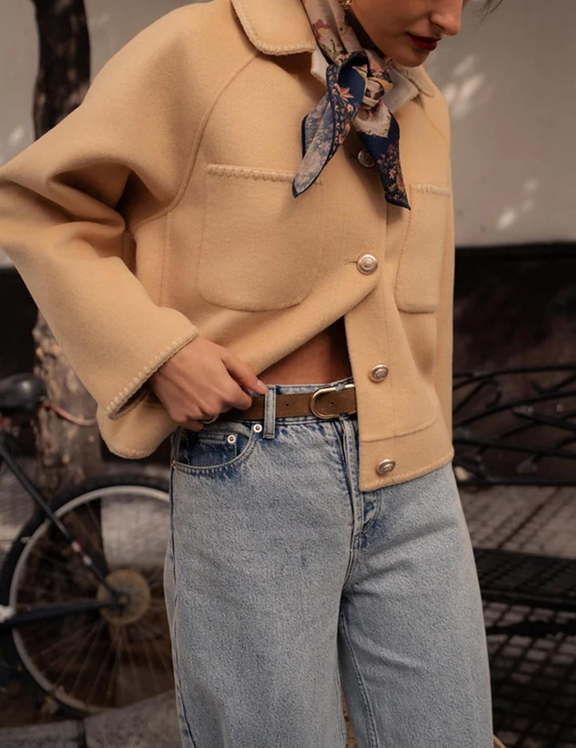 image:imageSpringrain Womens Cropped Wool Blend Lapel Button Pea Coat Jacket Warm Cropped Button up Coat for Fall Winter Delicate Stitch Trim and Lapel Collar Two Patch Pockets for ConvenienceKhaki
