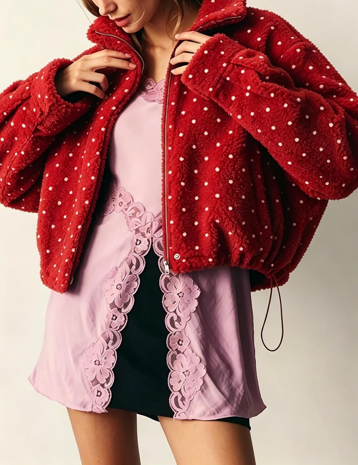 image:imageSpringrain Womens Polka Dot Fleece Crop Jacket Winter Coat Relaxed Oversized Silhouette Functional Windproof Stand Collar Drop Shoulder Design Roomy loose cutRed