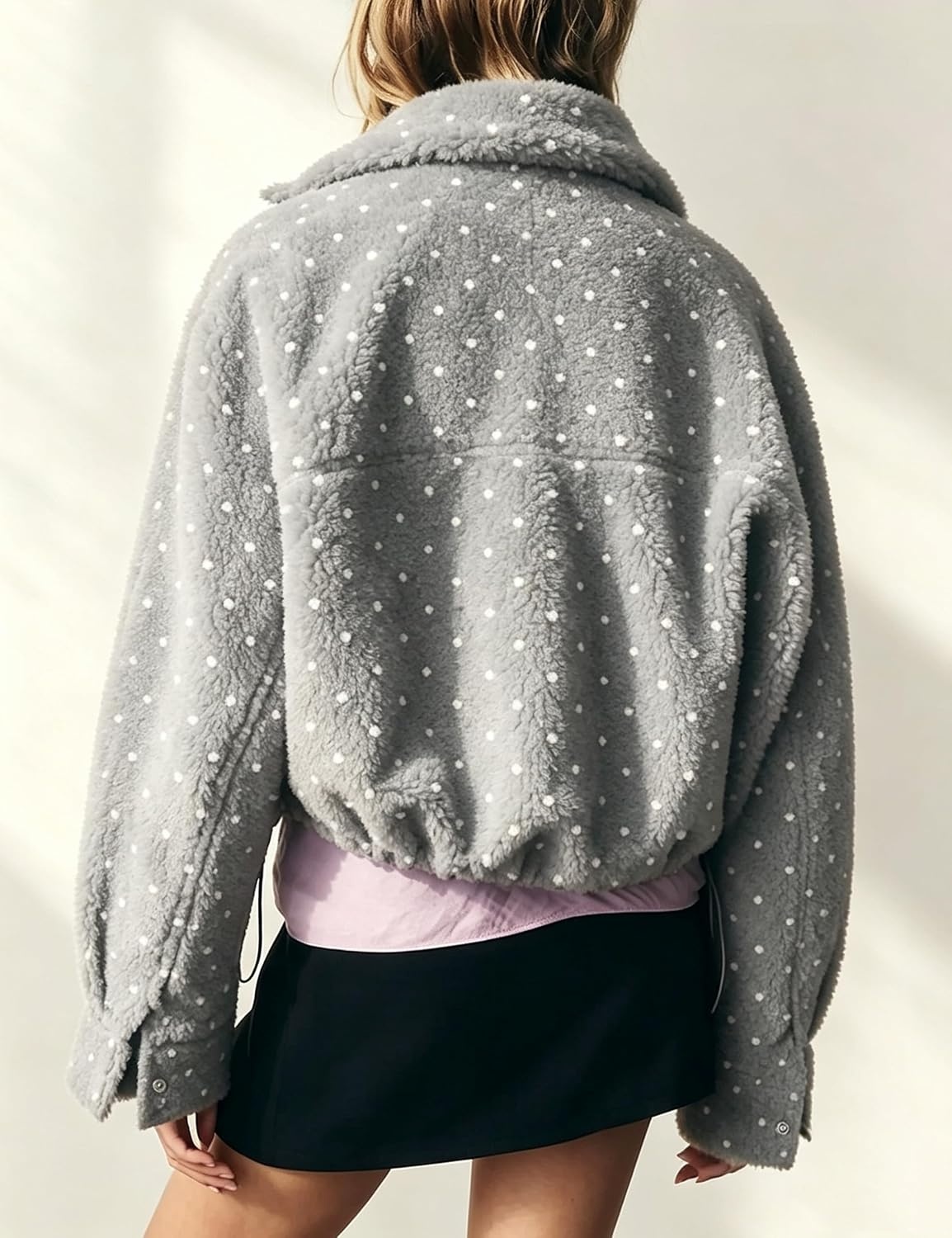 image:imageSpringrain Womens Polka Dot Fleece Crop Jacket Winter Coat Relaxed Oversized Silhouette Functional Windproof Stand Collar Drop Shoulder Design Roomy loose cutGrey