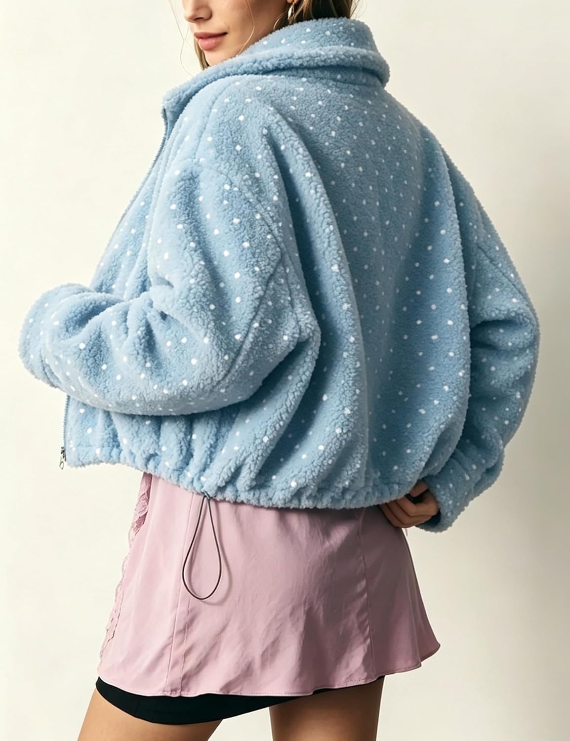 image:imageSpringrain Womens Polka Dot Fleece Crop Jacket Winter Coat Relaxed Oversized Silhouette Functional Windproof Stand Collar Drop Shoulder Design Roomy loose cutBlue
