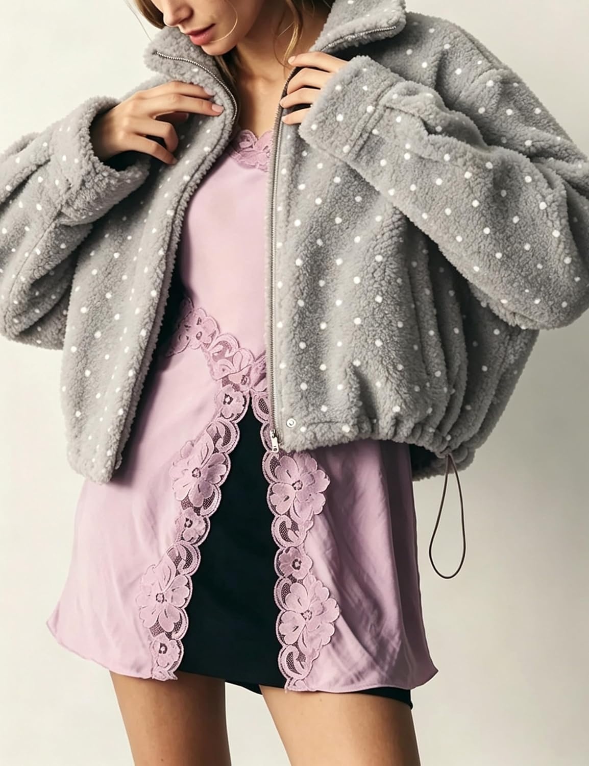 image:imageSpringrain Womens Polka Dot Fleece Crop Jacket Winter Coat Relaxed Oversized Silhouette Functional Windproof Stand Collar Drop Shoulder Design Roomy loose cutGrey