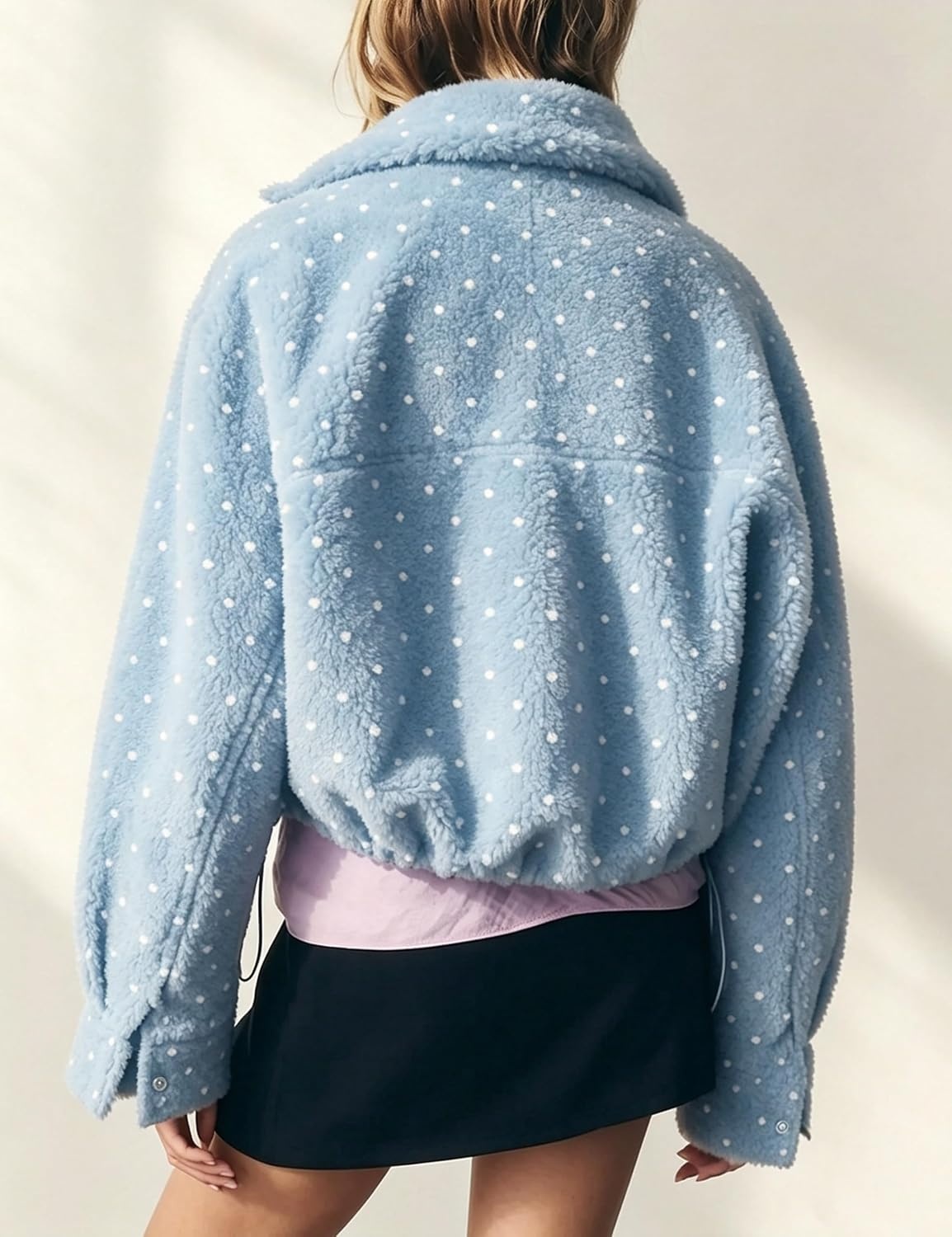 image:imageSpringrain Womens Polka Dot Fleece Crop Jacket Winter Coat Relaxed Oversized Silhouette Functional Windproof Stand Collar Drop Shoulder Design Roomy loose cutBlue