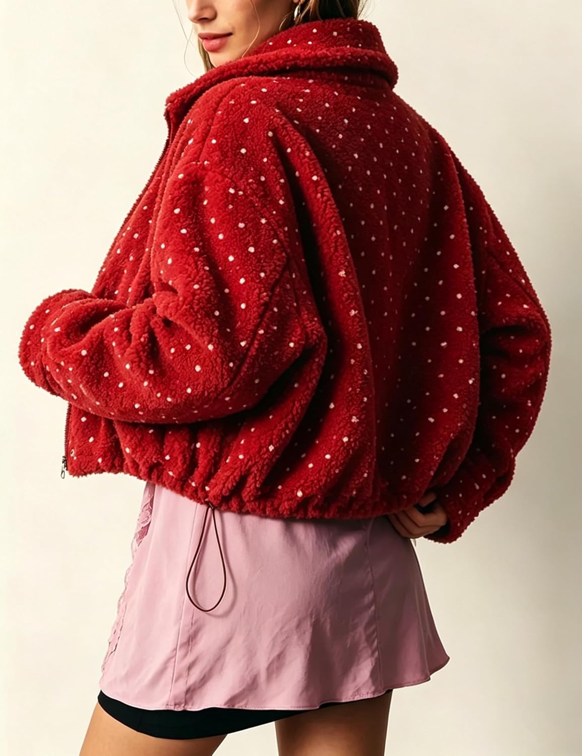image:imageSpringrain Womens Polka Dot Fleece Crop Jacket Winter Coat Relaxed Oversized Silhouette Functional Windproof Stand Collar Drop Shoulder Design Roomy loose cutRed