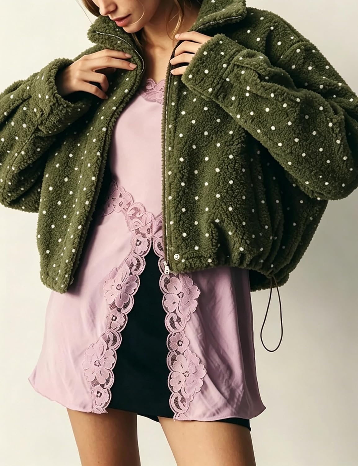 image:imageSpringrain Womens Polka Dot Fleece Crop Jacket Winter Coat Relaxed Oversized Silhouette Functional Windproof Stand Collar Drop Shoulder Design Roomy loose cutGreen
