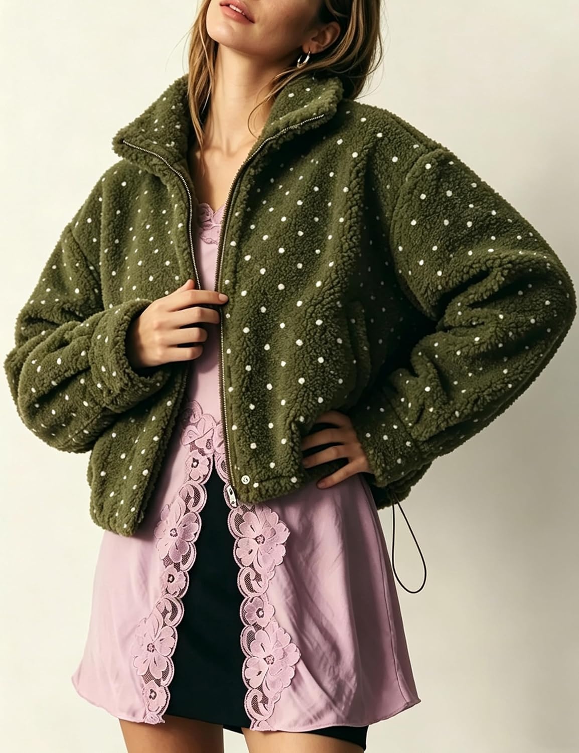 image:imageSpringrain Womens Polka Dot Fleece Crop Jacket Winter Coat Relaxed Oversized Silhouette Functional Windproof Stand Collar Drop Shoulder Design Roomy loose cutGreen