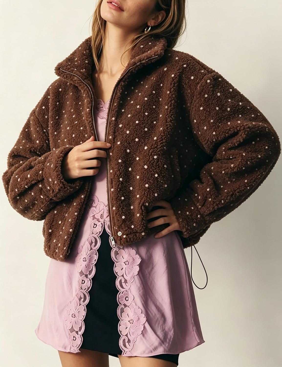 image:imageSpringrain Womens Polka Dot Fleece Crop Jacket Winter Coat Relaxed Oversized Silhouette Functional Windproof Stand Collar Drop Shoulder Design Roomy loose cutBrown