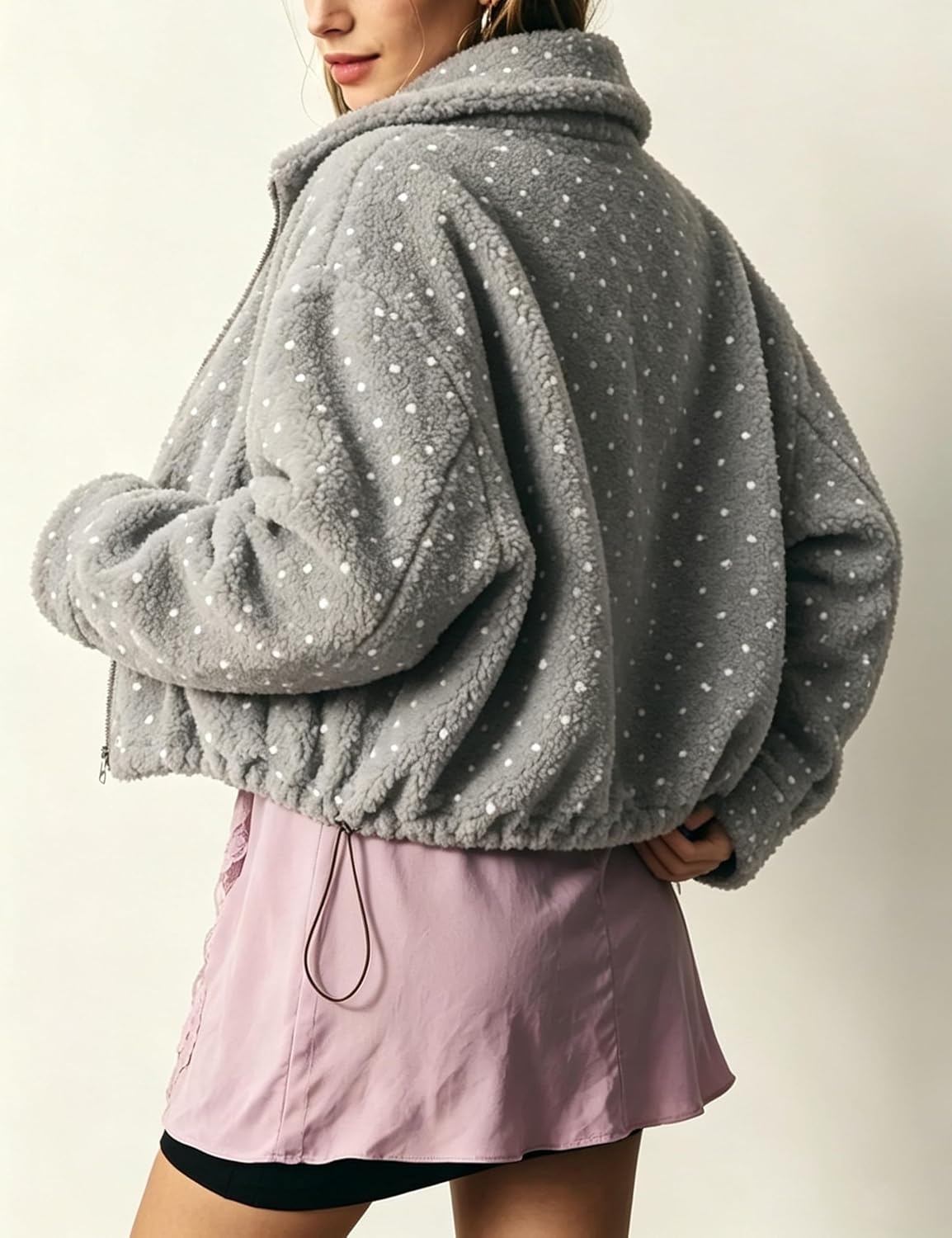 image:imageSpringrain Womens Polka Dot Fleece Crop Jacket Winter Coat Relaxed Oversized Silhouette Functional Windproof Stand Collar Drop Shoulder Design Roomy loose cutGrey