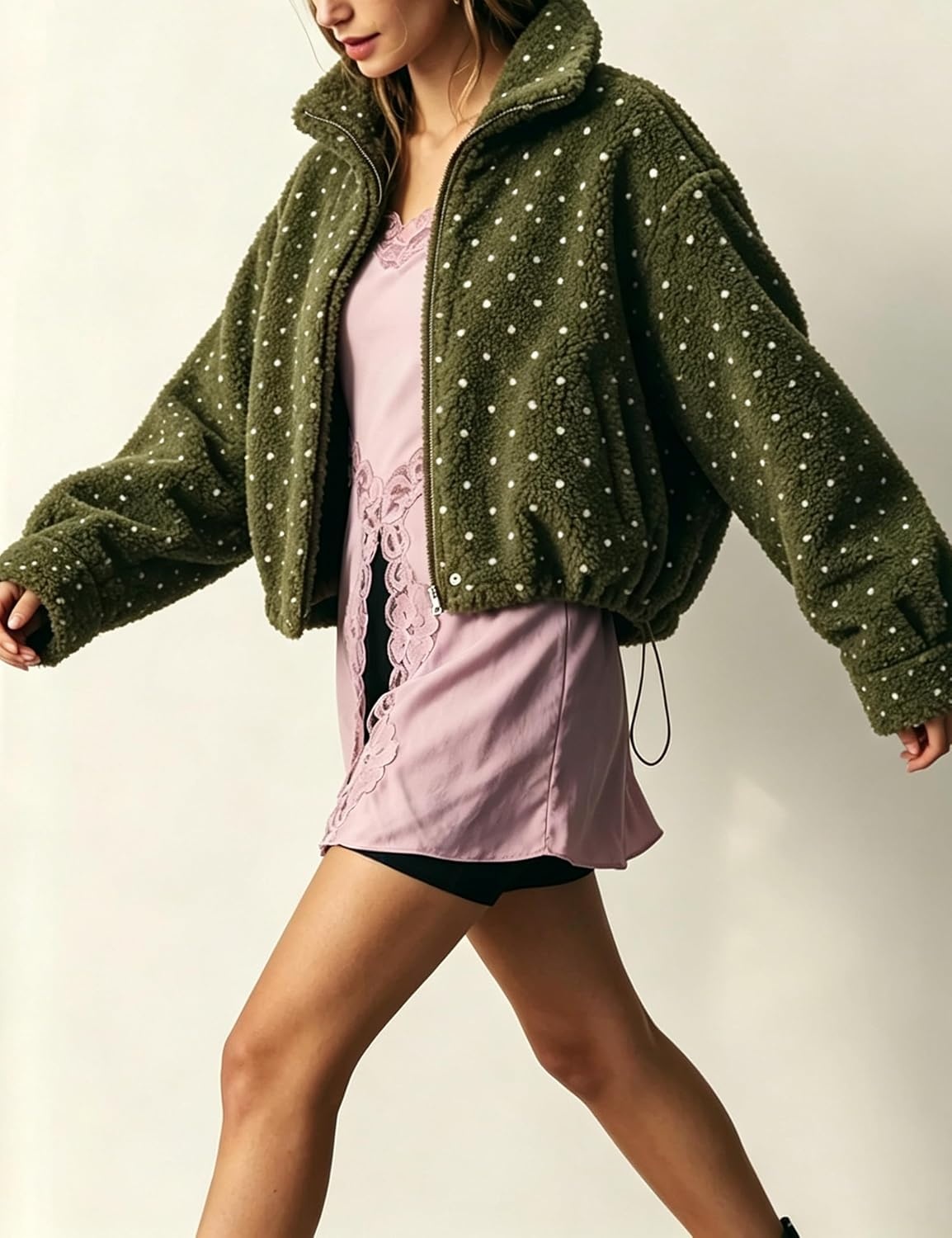 image:imageSpringrain Womens Polka Dot Fleece Crop Jacket Winter Coat Relaxed Oversized Silhouette Functional Windproof Stand Collar Drop Shoulder Design Roomy loose cutGreen