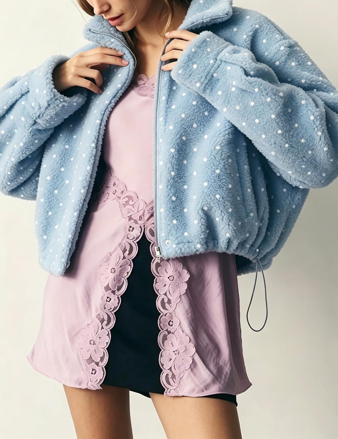 image:imageSpringrain Womens Polka Dot Fleece Crop Jacket Winter Coat Relaxed Oversized Silhouette Functional Windproof Stand Collar Drop Shoulder Design Roomy loose cutBlue