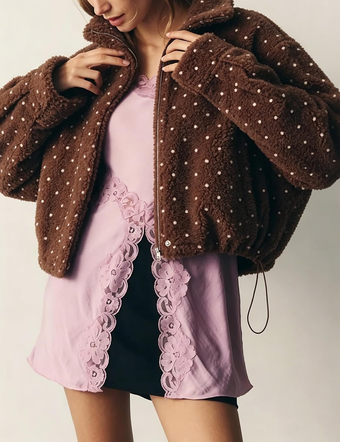 image:imageSpringrain Womens Polka Dot Fleece Crop Jacket Winter Coat Relaxed Oversized Silhouette Functional Windproof Stand Collar Drop Shoulder Design Roomy loose cutBrown