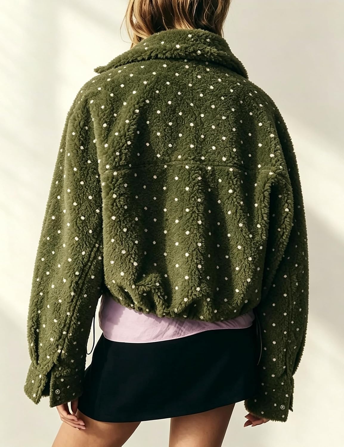 image:imageSpringrain Womens Polka Dot Fleece Crop Jacket Winter Coat Relaxed Oversized Silhouette Functional Windproof Stand Collar Drop Shoulder Design Roomy loose cutGreen