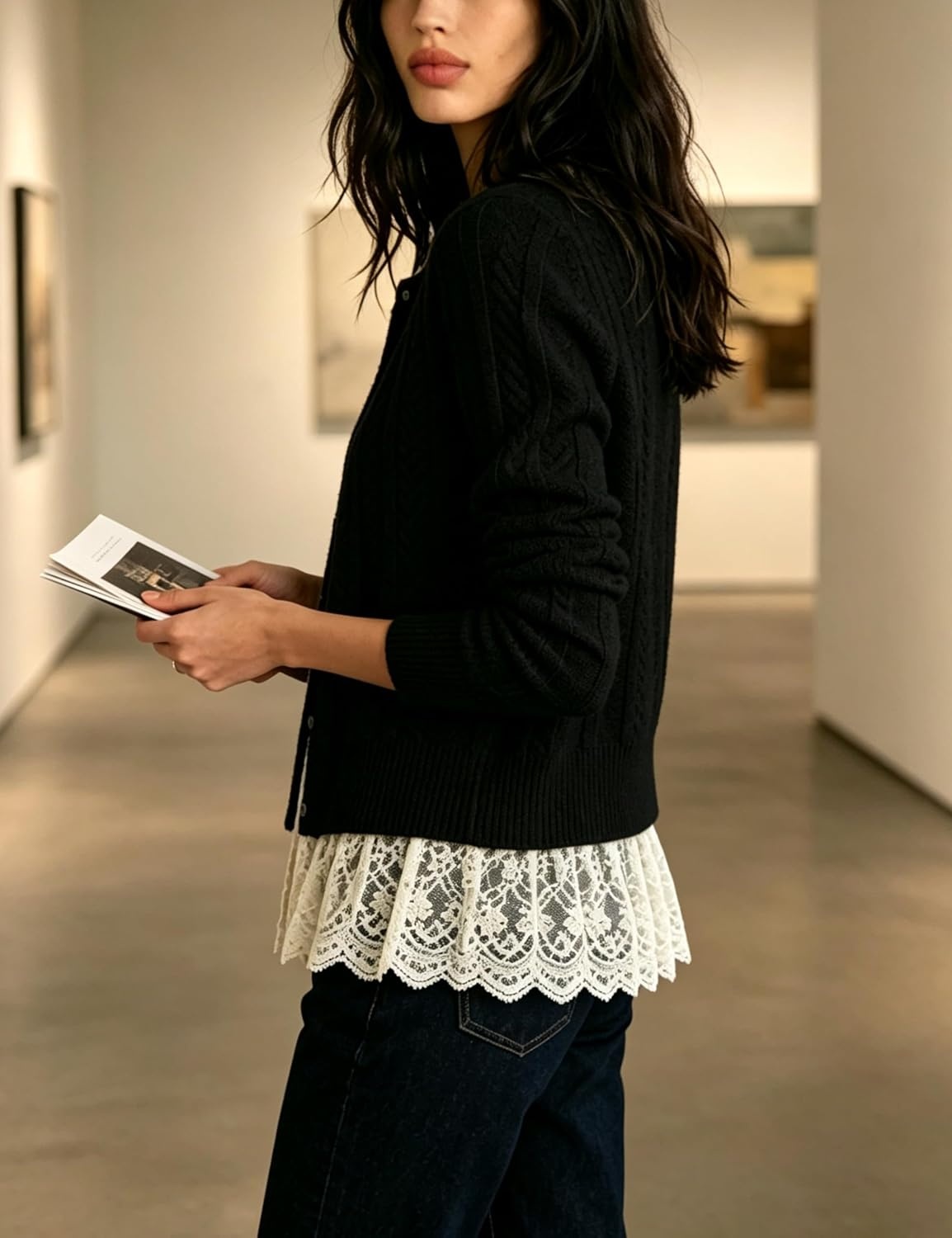 image:imageSpringrain Womens Ribbed Knit Cardigan Lace Hem Sweater Adjustable button front placket ribbed texture fake twopiece design wrinklefree polyester knit fabricBlack