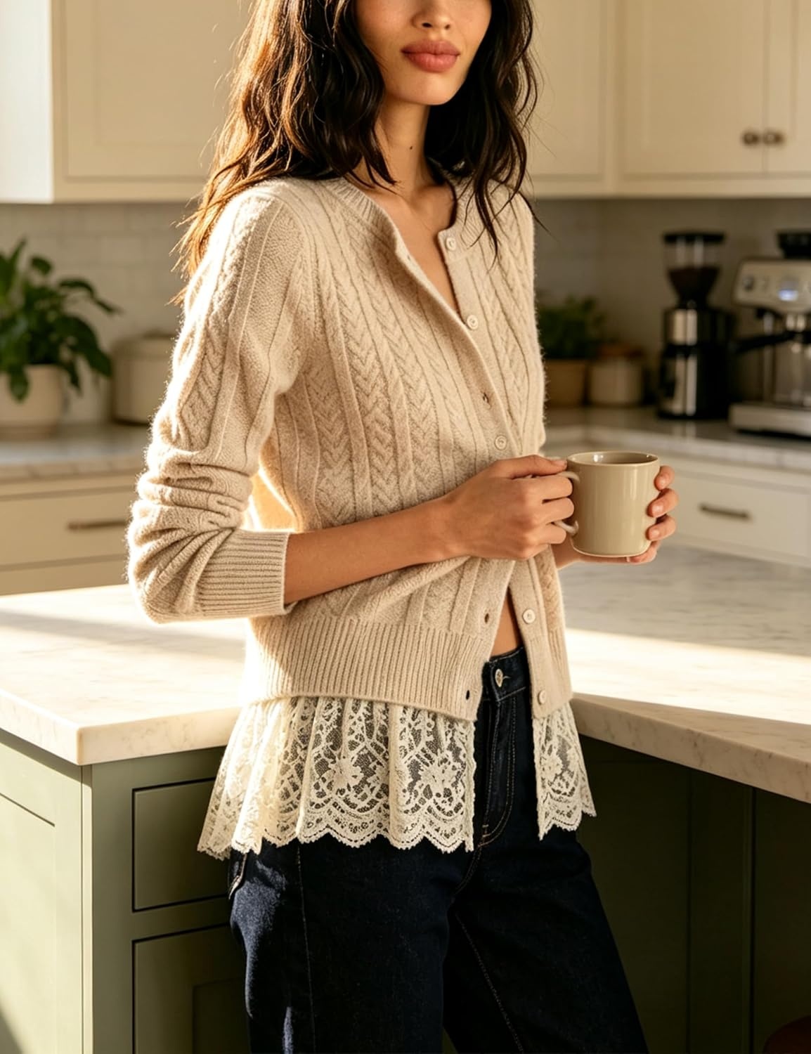 image:imageSpringrain Womens Ribbed Knit Cardigan Lace Hem Sweater Adjustable button front placket ribbed texture fake twopiece design wrinklefree polyester knit fabricBeige