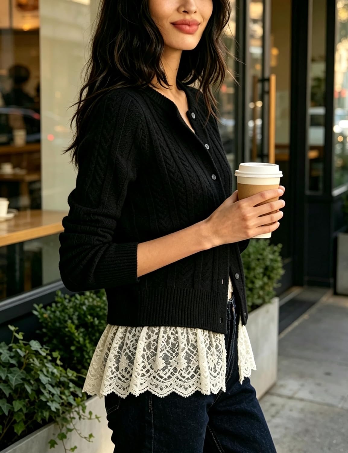 image:imageSpringrain Womens Ribbed Knit Cardigan Lace Hem Sweater Adjustable button front placket ribbed texture fake twopiece design wrinklefree polyester knit fabricBlack