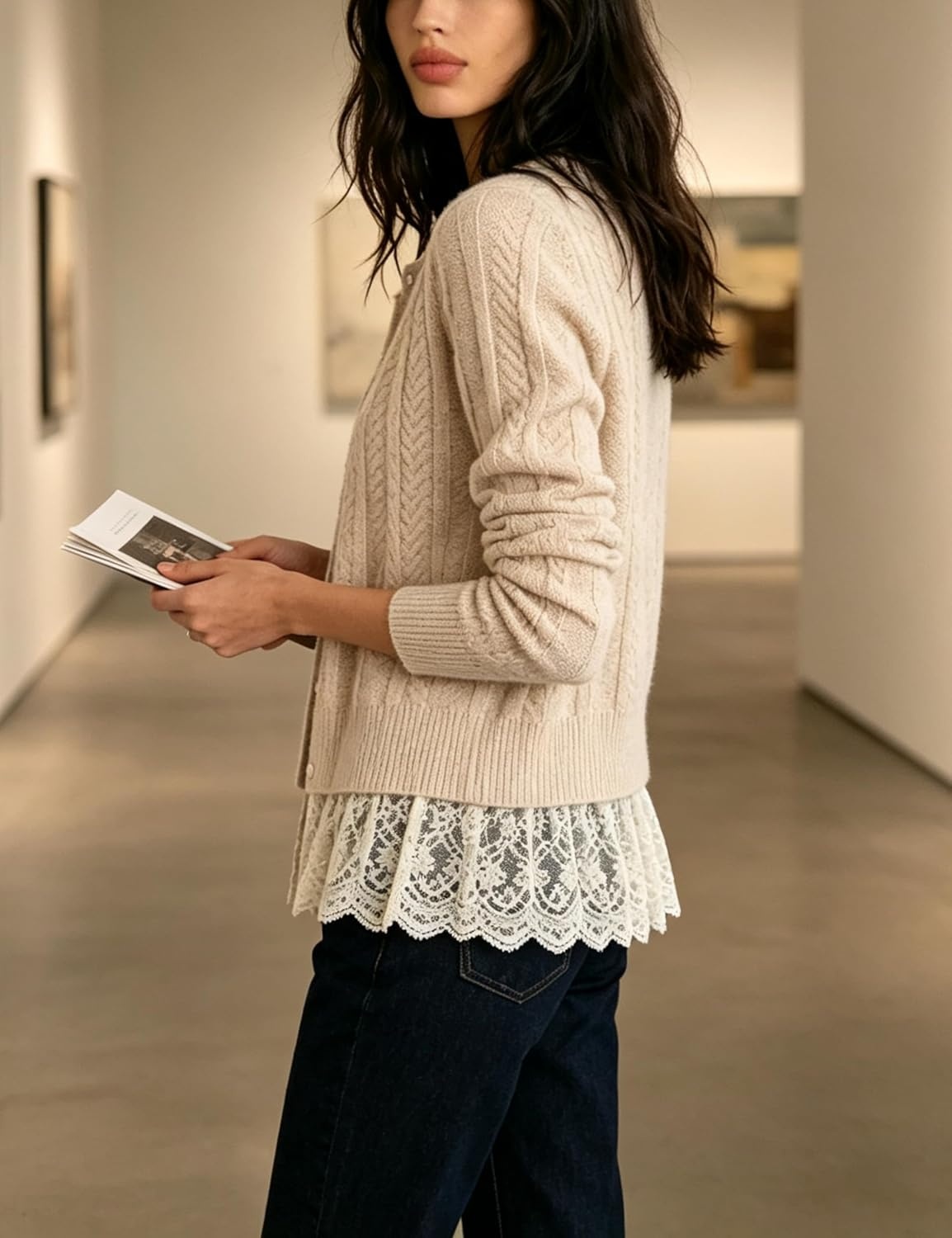 image:imageSpringrain Womens Ribbed Knit Cardigan Lace Hem Sweater Adjustable button front placket ribbed texture fake twopiece design wrinklefree polyester knit fabricBeige