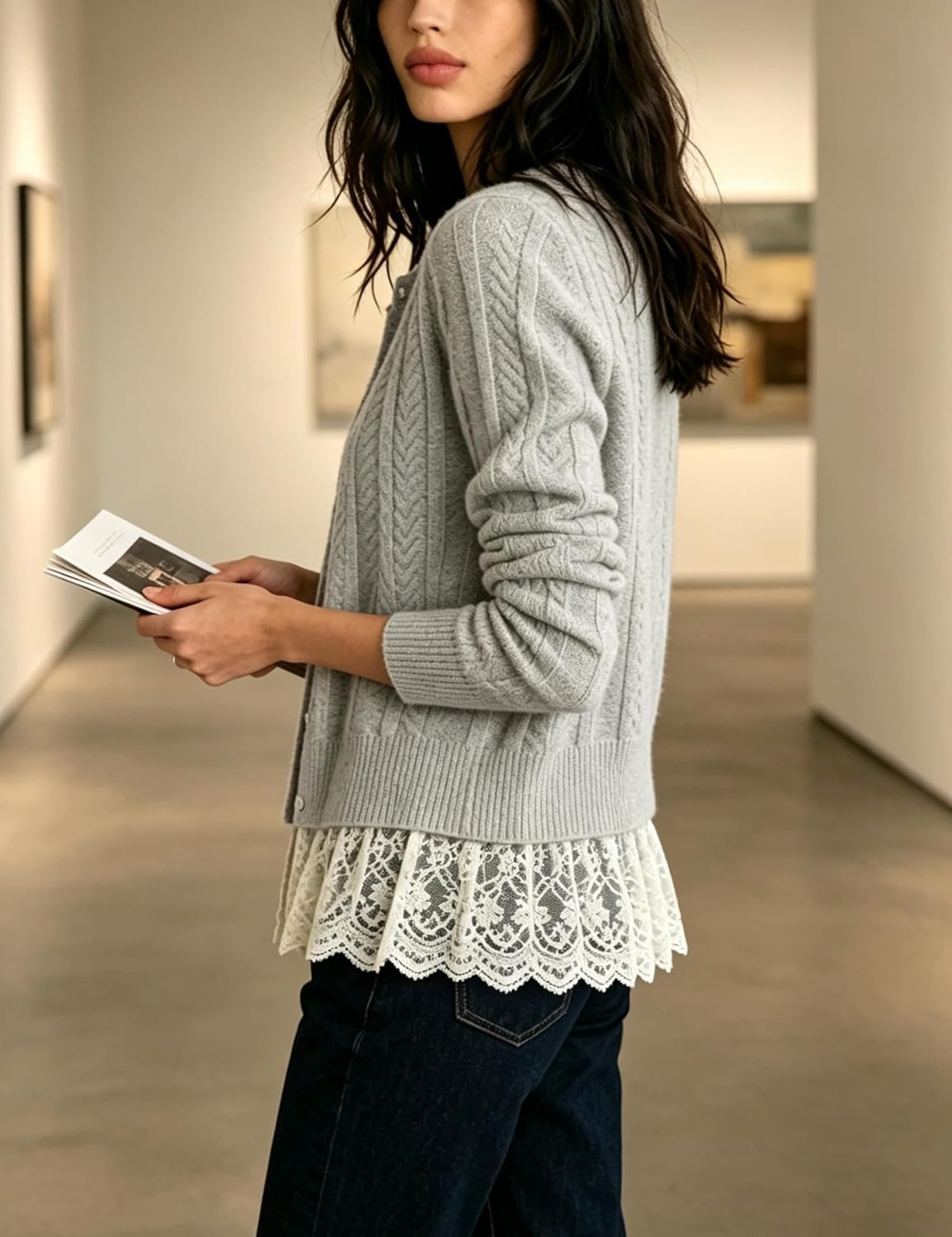 image:imageSpringrain Womens Ribbed Knit Cardigan Lace Hem Sweater Adjustable button front placket ribbed texture fake twopiece design wrinklefree polyester knit fabricGray