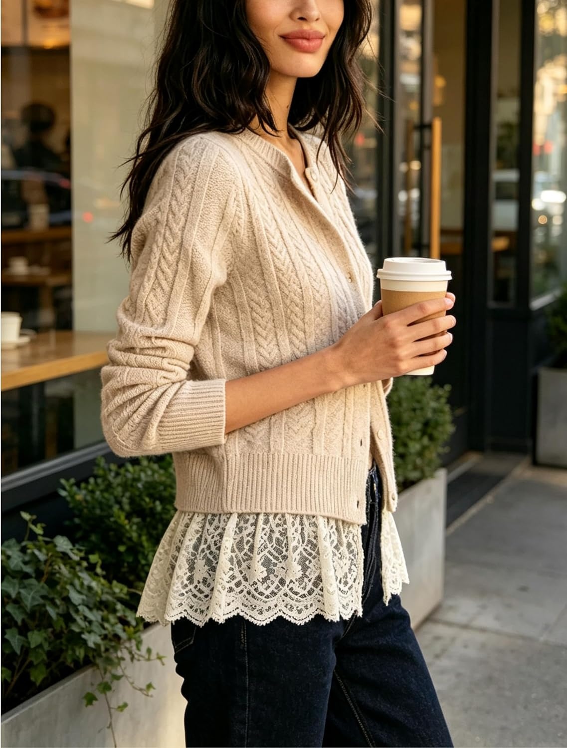 image:imageSpringrain Womens Ribbed Knit Cardigan Lace Hem Sweater Adjustable button front placket ribbed texture fake twopiece design wrinklefree polyester knit fabricBeige