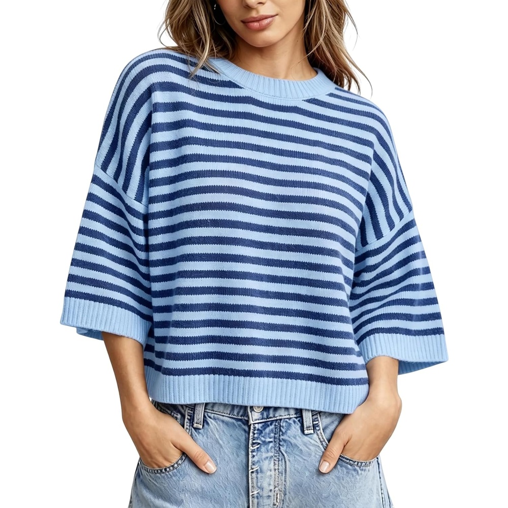 image:imageSpringrain Women Striped Knit Sweater Crew Neck Tops Pullover Drop Shoulder 34 Sleeve Lightweight Knit Top Ideal for Spring Summer and FallBlue