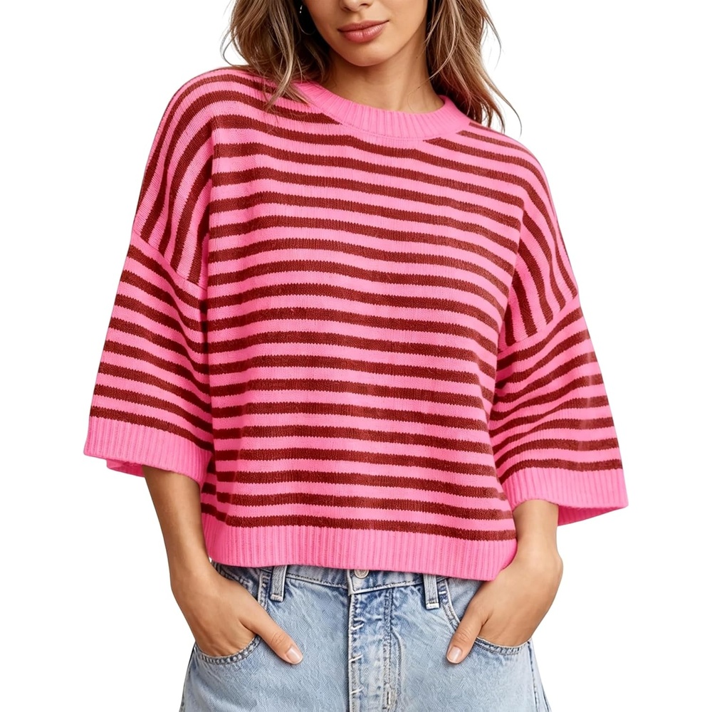image:imageSpringrain Women Striped Knit Sweater Crew Neck Tops Pullover Drop Shoulder 34 Sleeve Lightweight Knit Top Ideal for Spring Summer and FallPink