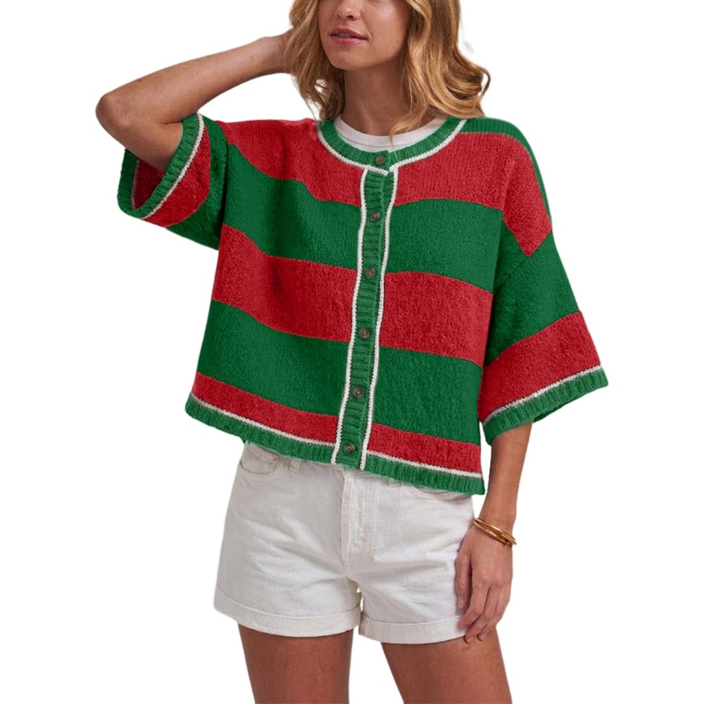 image:imageSpringrain Womens Color Block Cardigan Short Sleeve Sweater Color Block Design Vintage Button Front Contrast Ribbed Trim Details Lightweight Summer Layering PieceRed