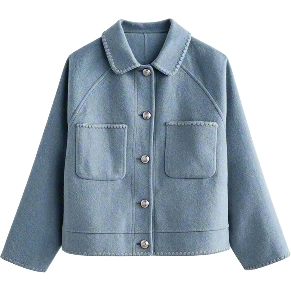 image:imageSpringrain Womens Cropped Wool Blend Lapel Button Pea Coat Jacket Warm Cropped Button up Coat for Fall Winter Delicate Stitch Trim and Lapel Collar Two Patch Pockets for ConvenienceDustyblue