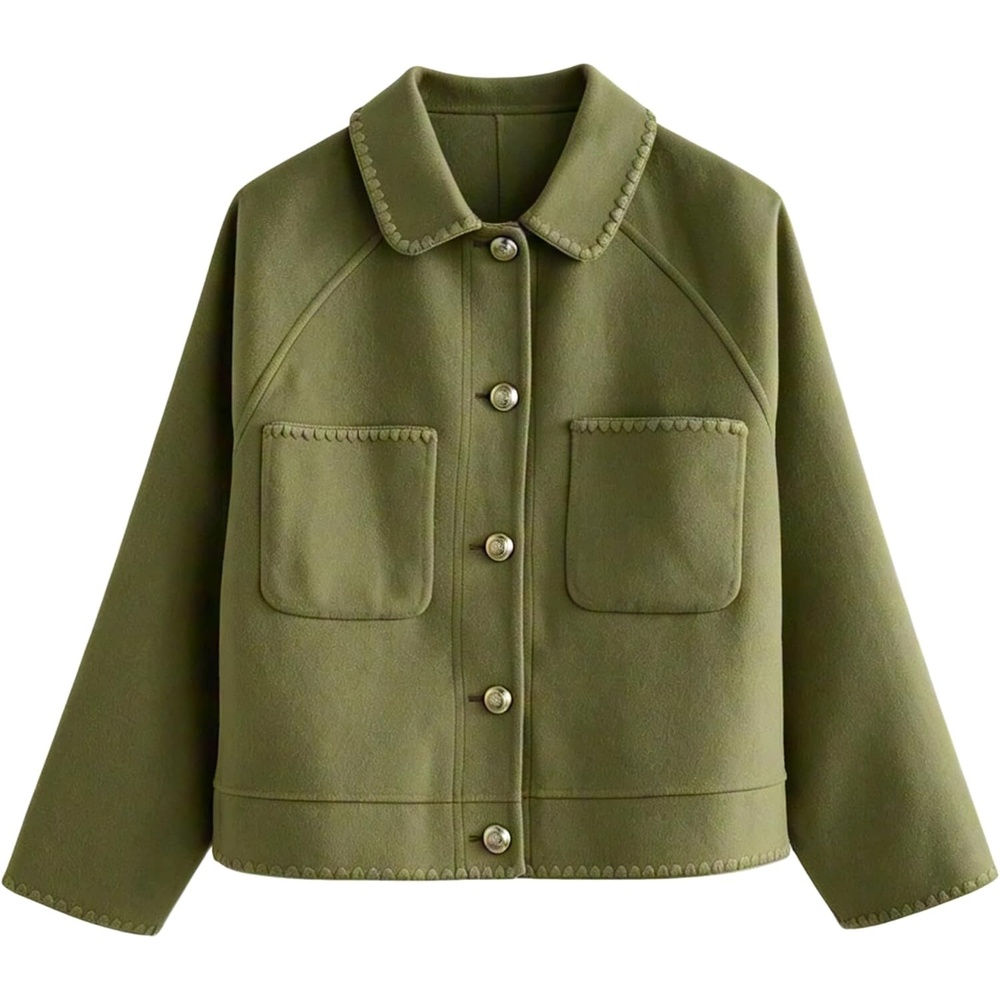 image:imageSpringrain Womens Cropped Wool Blend Lapel Button Pea Coat Jacket Warm Cropped Button up Coat for Fall Winter Delicate Stitch Trim and Lapel Collar Two Patch Pockets for ConvenienceArmygreen