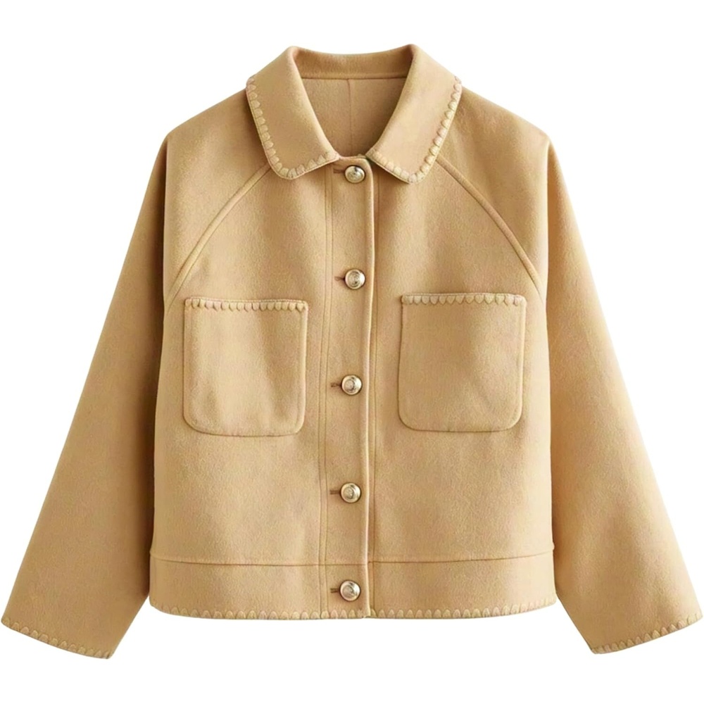image:imageSpringrain Womens Cropped Wool Blend Lapel Button Pea Coat Jacket Warm Cropped Button up Coat for Fall Winter Delicate Stitch Trim and Lapel Collar Two Patch Pockets for ConvenienceKhaki