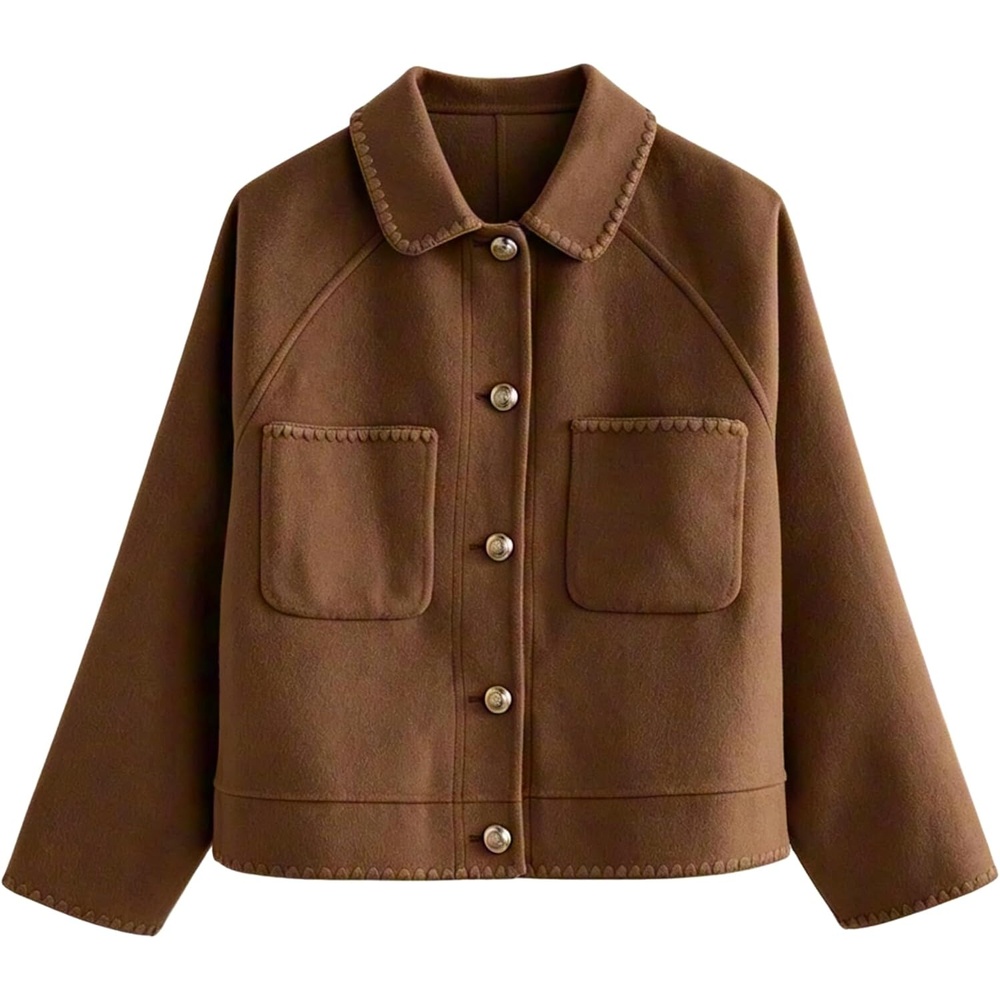 image:imageSpringrain Womens Cropped Wool Blend Lapel Button Pea Coat Jacket  Warm Cropped Button up Coat for Fall Winter Delicate Stitch Trim and Lapel Collar Two Patch Pockets for ConvenienceBrown