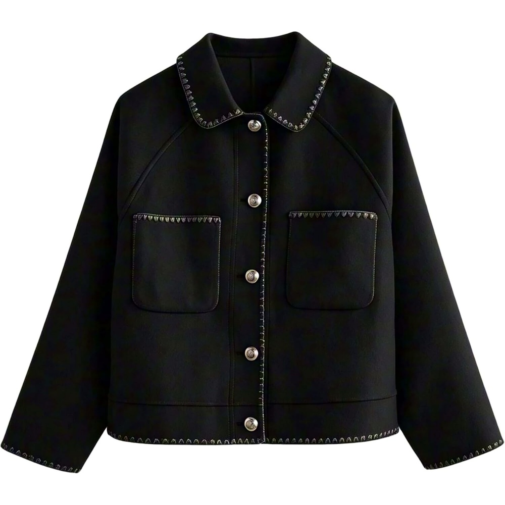 image:imageSpringrain Womens Cropped Wool Blend Lapel Button Pea Coat Jacket Warm Cropped Button up Coat for Fall Winter Delicate Stitch Trim and Lapel Collar Two Patch Pockets for ConvenienceBlack