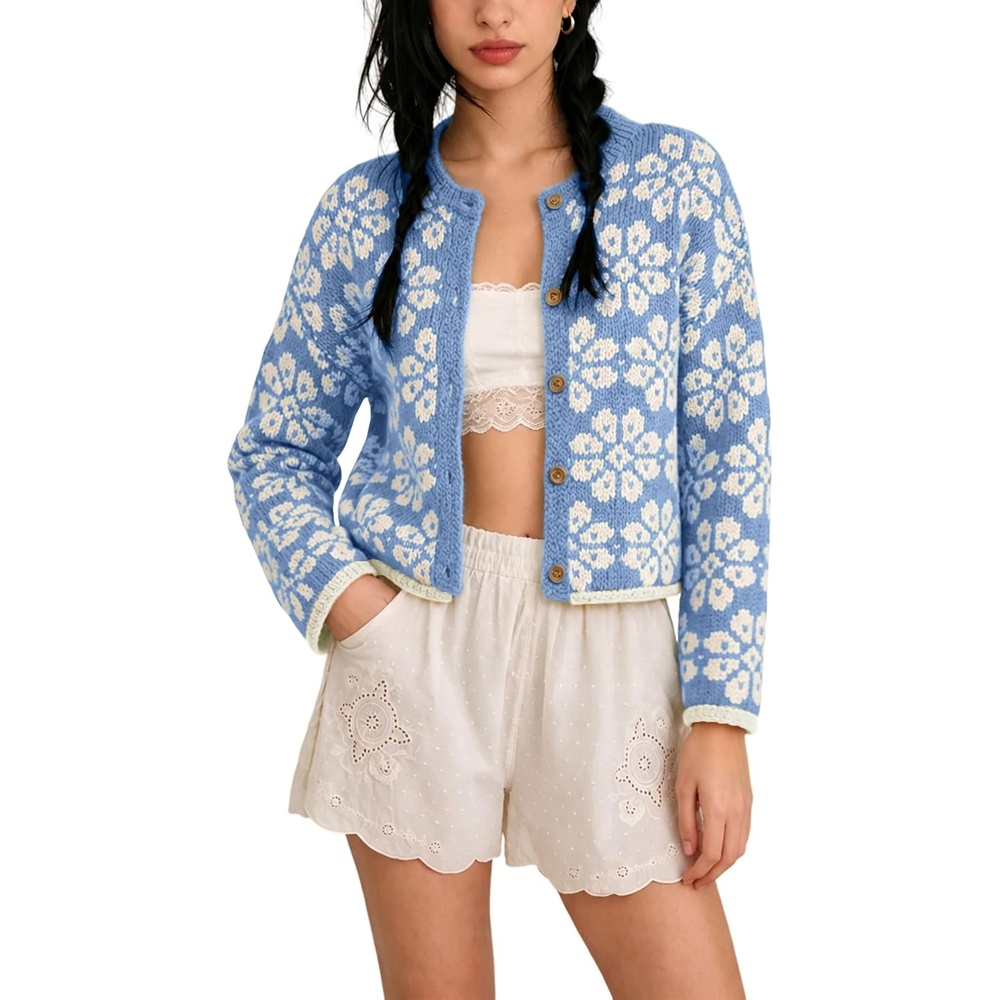 image:imageSpringrain Womens Floral Cropped Cardigan Button Knit Sweater Crew Neck Contrast Trim Long Sleeve Floral Cardigan for Women Easy Match Camis and Jeans Great for Fall WinterBlue