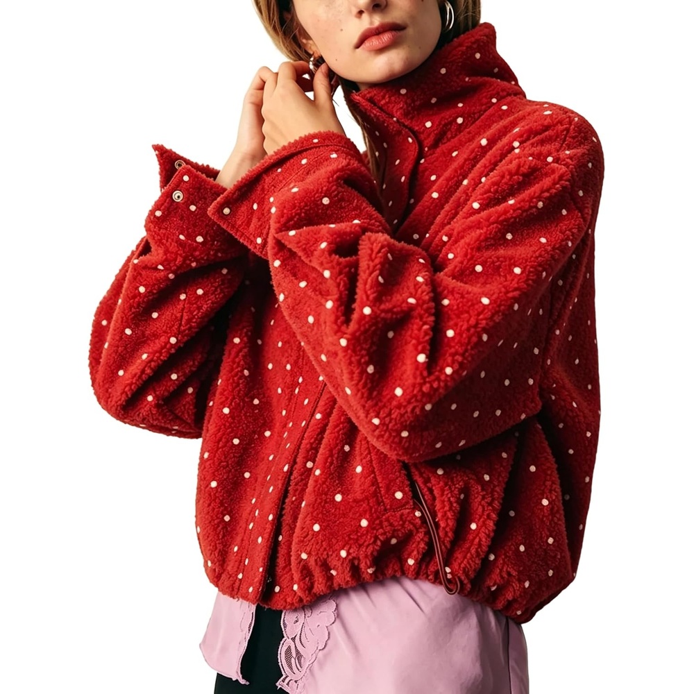 image:imageSpringrain Womens Polka Dot Fleece Crop Jacket Winter Coat Relaxed Oversized Silhouette Functional Windproof Stand Collar Drop Shoulder Design Roomy loose cutRed