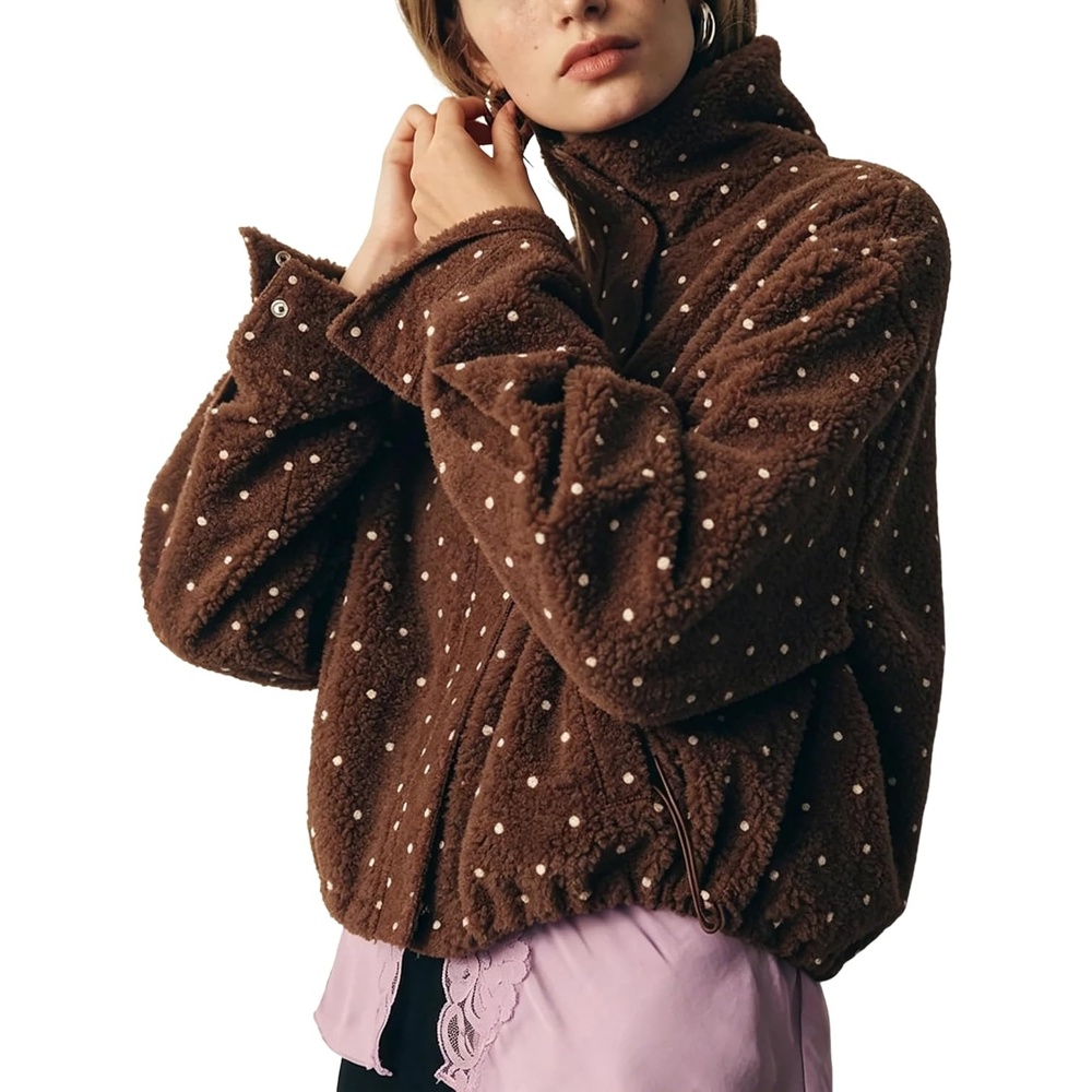 image:imageSpringrain Womens Polka Dot Fleece Crop Jacket Winter Coat Relaxed Oversized Silhouette Functional Windproof Stand Collar Drop Shoulder Design Roomy loose cutBrown