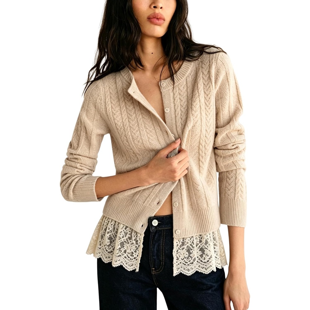 image:imageSpringrain Womens Ribbed Knit Cardigan Lace Hem Sweater Adjustable button front placket ribbed texture fake twopiece design wrinklefree polyester knit fabricBeige