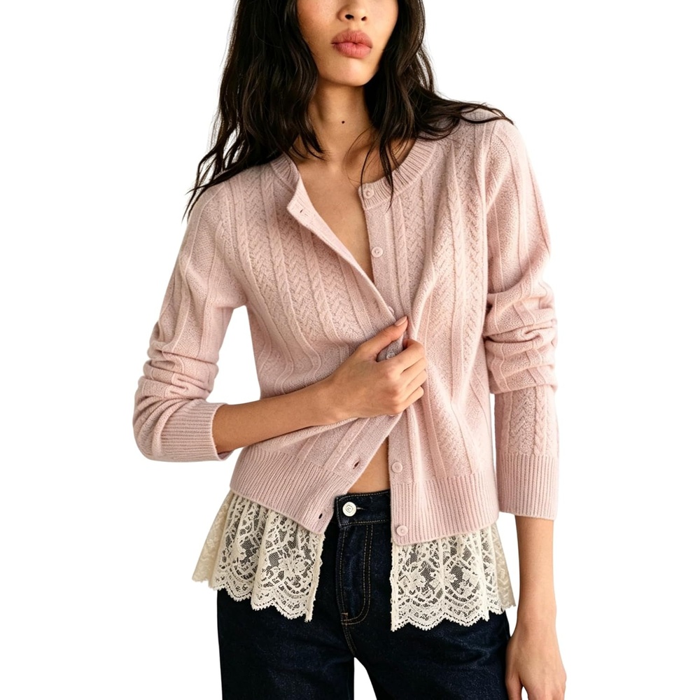 image:imageSpringrain Womens Ribbed Knit Cardigan Lace Hem Sweater Adjustable button front placket ribbed texture fake twopiece design wrinklefree polyester knit fabricPink