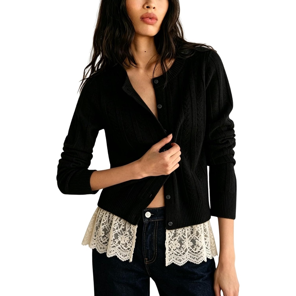 image:imageSpringrain Womens Ribbed Knit Cardigan Lace Hem Sweater Adjustable button front placket ribbed texture fake twopiece design wrinklefree polyester knit fabricBlack