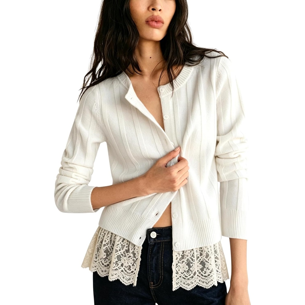 image:imageSpringrain Womens Ribbed Knit Cardigan Lace Hem Sweater Adjustable button front placket ribbed texture fake twopiece design wrinklefree polyester knit fabricWhite