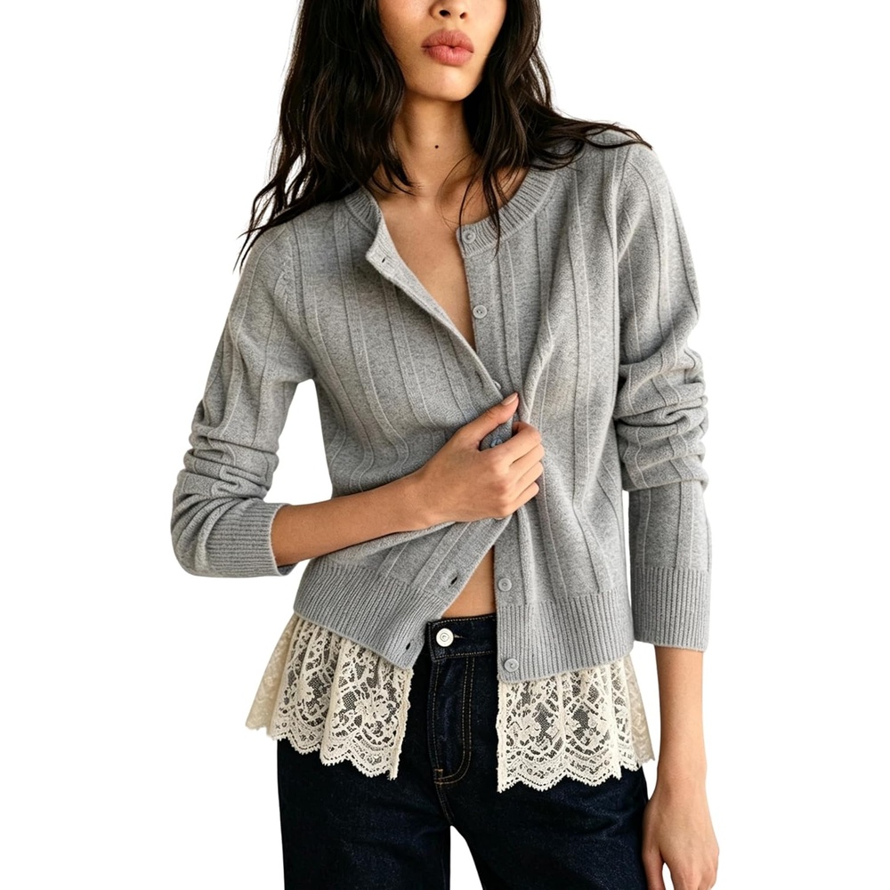 image:imageSpringrain Womens Ribbed Knit Cardigan Lace Hem Sweater Adjustable button front placket ribbed texture fake twopiece design wrinklefree polyester knit fabricGray