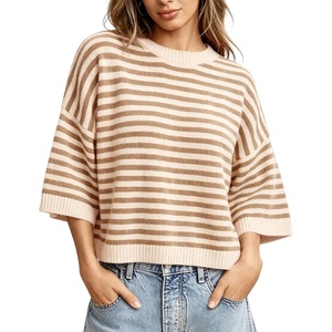 Springrain Women Striped Knit Sweater Crew Neck Tops Pullover | Drop Shoulder 3/4 Sleeve Lightweight Knit Top, Ideal for Spring, Summer and Fall(Apricot)