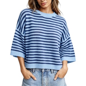 Springrain Women Striped Knit Sweater Crew Neck Tops Pullover | Drop Shoulder 3/4 Sleeve Lightweight Knit Top, Ideal for Spring, Summer and Fall(Blue)