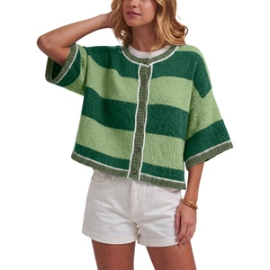 Springrain Women’s Color Block Cardigan Short Sleeve Sweater | Color Block Design, Vintage Button Front, Contrast Ribbed Trim Details, Lightweight Summer Layering Piece(Green)