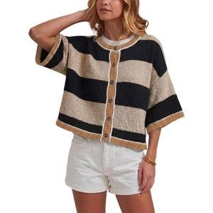 Springrain Women’s Color Block Cardigan Short Sleeve Sweater | Color Block Design, Vintage Button Front, Contrast Ribbed Trim Details, Lightweight Summer Layering Piece(Darkkhaki)