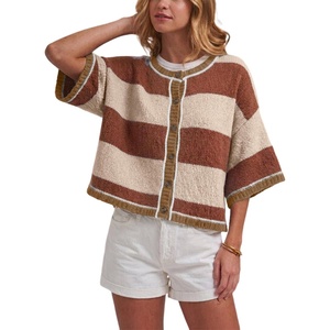 Springrain Women’s Color Block Cardigan Short Sleeve Sweater | Color Block Design, Vintage Button Front, Contrast Ribbed Trim Details, Lightweight Summer Layering Piece(Khaki)