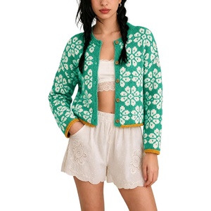 Springrain Womens Floral Cropped Cardigan Button Knit Sweater | Crew Neck Contrast Trim Long Sleeve Floral Cardigan for Women, Easy Match Camis and Jeans, Great for Fall Winter(Green)