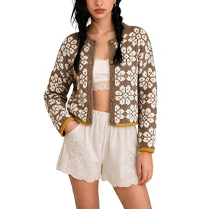Springrain Womens Floral Cropped Cardigan Button Knit Sweater | Crew Neck Contrast Trim Long Sleeve Floral Cardigan for Women, Easy Match Camis and Jeans, Great for Fall Winter(Brown)