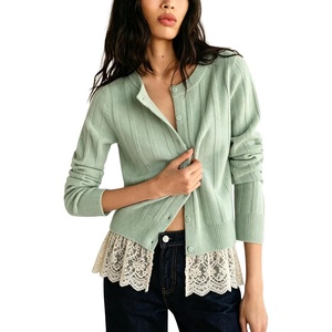 Springrain Women’s Ribbed Knit Cardigan Lace Hem Sweater | Adjustable button front placket, ribbed texture, fake two-piece design, wrinkle-free polyester knit fabric(Green)