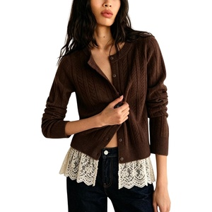 Springrain Women’s Ribbed Knit Cardigan Lace Hem Sweater | Adjustable button front placket, ribbed texture, fake two-piece design, wrinkle-free polyester knit fabric(Brown)