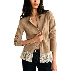 Springrain Women’s Ribbed Knit Cardigan Lace Hem Sweater | Adjustable button front placket, ribbed texture, fake two-piece design, wrinkle-free polyester knit fabric(Khaki)